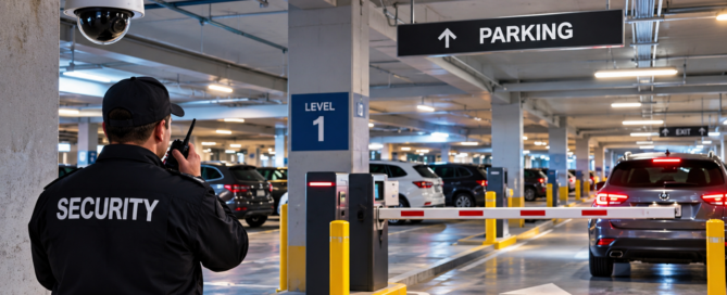 Parking garage security guard monitoring vehicles near CCTV cameras and an access barrier