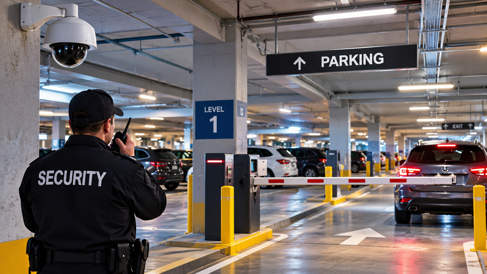 Parking garage security guard monitoring vehicles near CCTV cameras and an access barrier