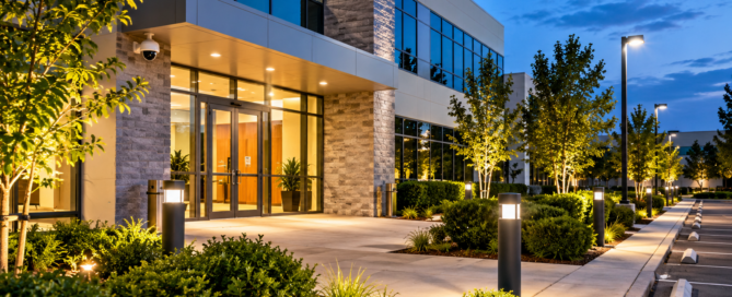 Commercial building with security lighting, clear sightlines, and landscaped walkways