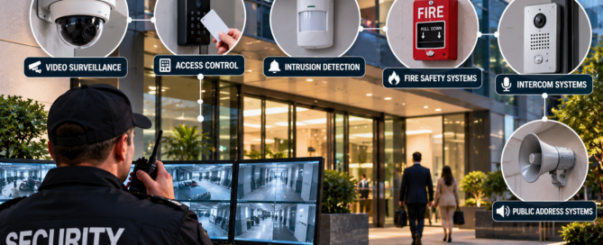 Business security systems including CCTV surveillance, access control, intrusion detection, and vehicle barriers