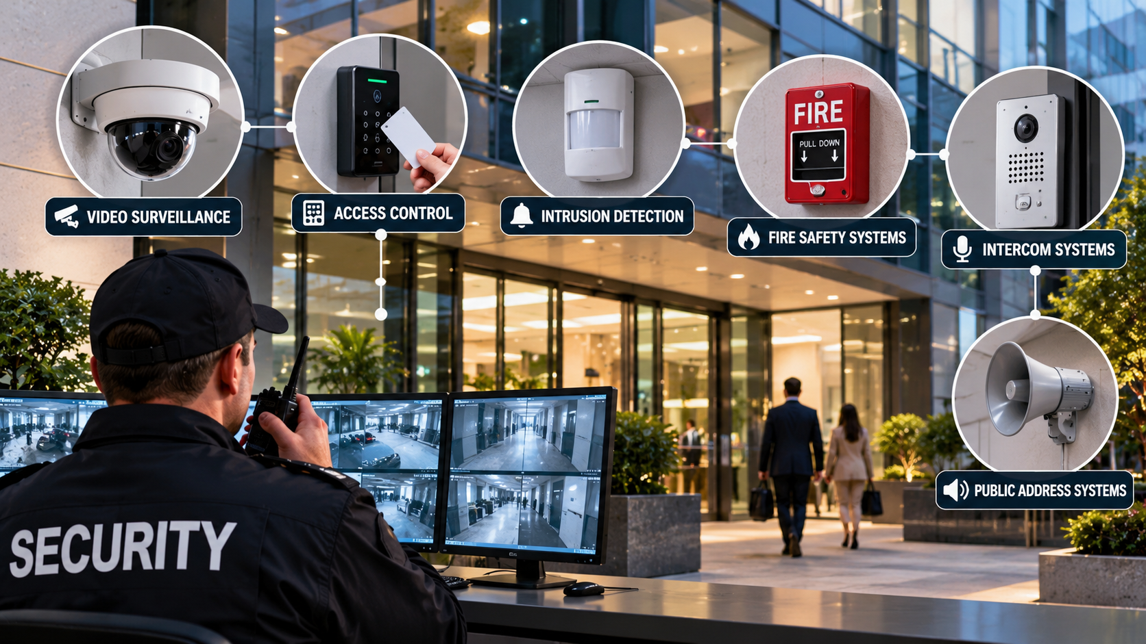 Business security systems including CCTV surveillance, access control, intrusion detection, and vehicle barriers